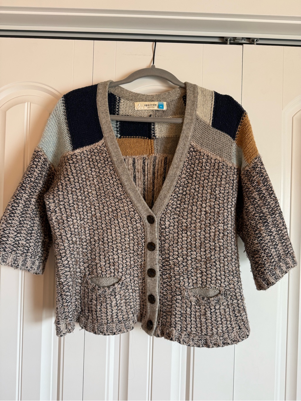 Sparrow Taupe Cardigan With Navy, Light Blue & Camel Patchwork